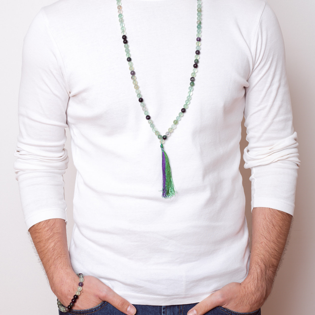 Man wearing Ambarya Clarity - Rainbow Fluorite crystal Mala Bead Necklace